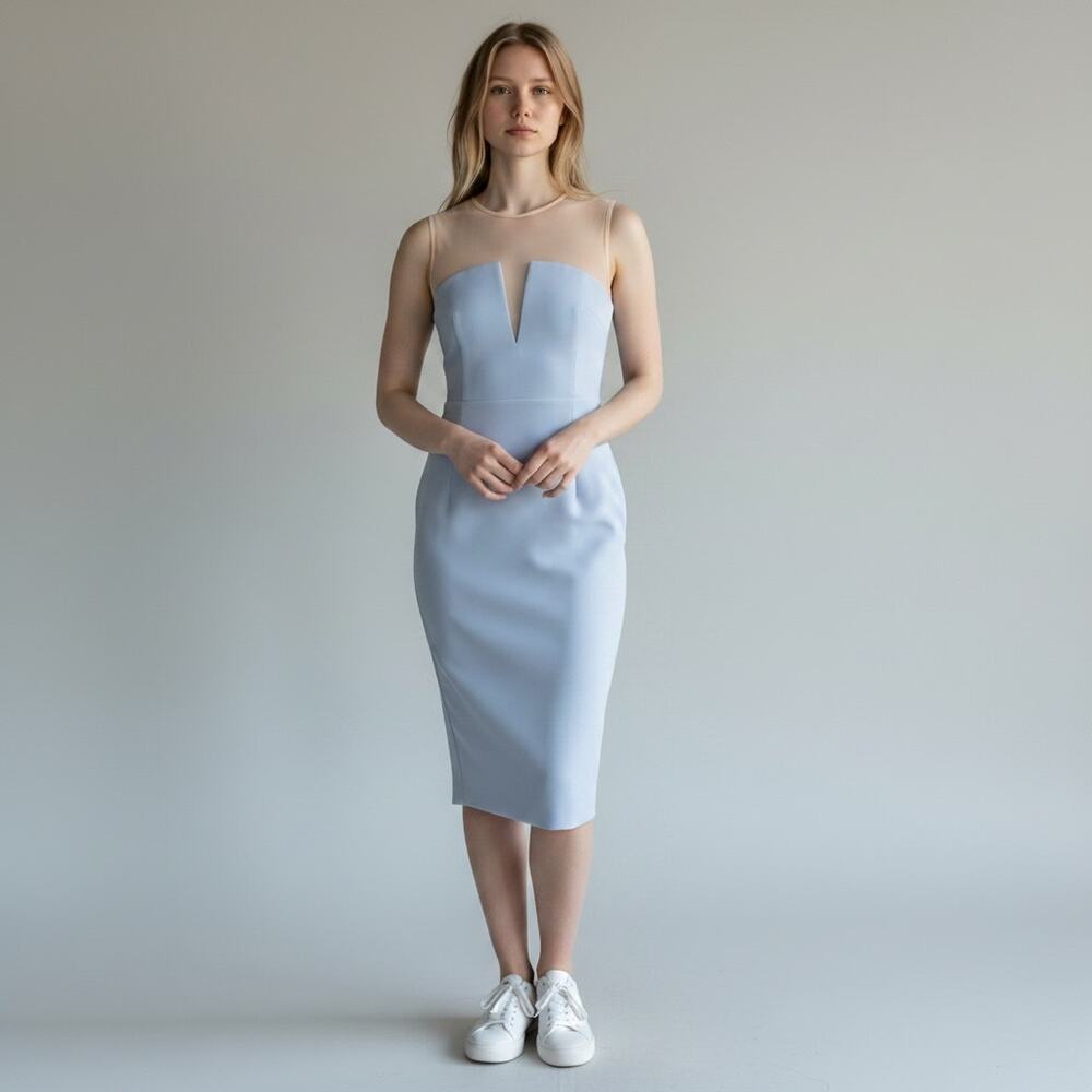 Mangano Italy Blue Sheath Dress Illusion Mesh Neck Sleeveless Midi Size 38 US 2